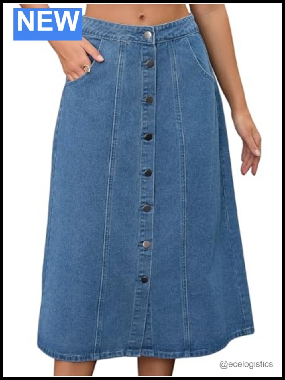 CIMUK Women's Button Down A-Line Midi Denim Jean Skirt